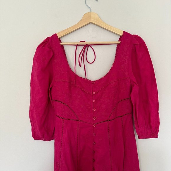 Free People Lisa Embroidered Lace Midi Dress Size S Pink Puff Sleeves Boho BNWT - Picture 11 of 16